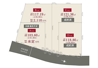 販売区画：B号地　
　※C号地：成約済　※D号地：成約済　※A号地：次期販売予定／価格未定
 