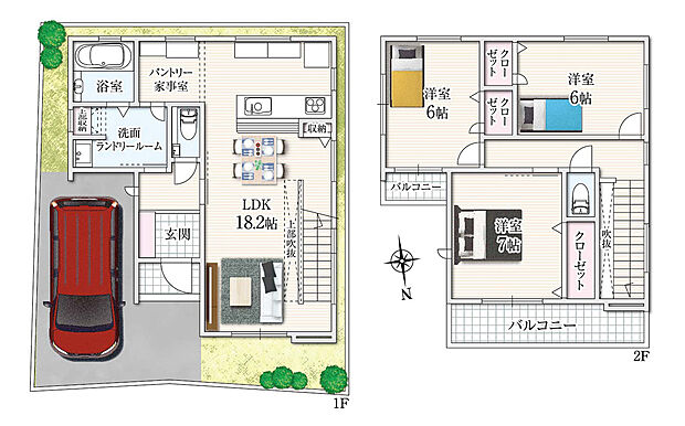 【間取り1号地】
玄関→ランドリールーム→パントリー→キッチンへとつながる回遊動線で、家事効率がぐんとアップ♪家事室もあり、作業や収納に便利。