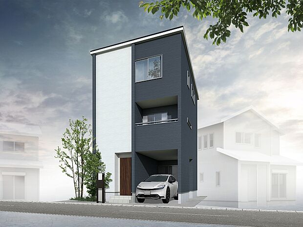 外観イメージパース
ホワイト×ブラックの上品な外観。3階建ての高さを活かし、街並みに個性が光るスタイリッシュな佇まいです。