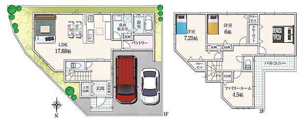 【2号地】間取り
広々玄関に土間収納付き♪バルコニーからファミリールームへ直結し家事動線良好！パントリーも完備した収納豊富な住まい。