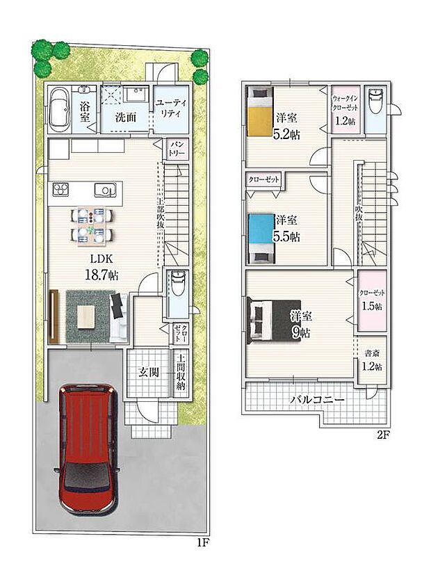 【3LDK】玄関には便利な土間収納付きで、アウトドア用品やベビーカーもすっきり収納。吹抜けのあるリビングは開放感たっぷりで、自然光が心地よく差し込みます。洗面所とユーティリティは生活動線を意識した配置で、家事の時短にも◎。