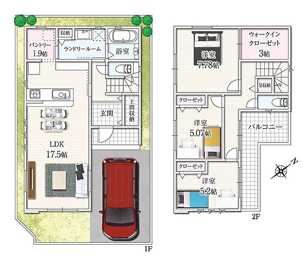 【3LDK】外からの動線が便利な土間収納は、ベビーカーやアウトドア用品の収納にも◎！7.7帖の主寝室には約3帖の大容量ウォークインクローゼット付きで、衣替えもラクラク！広々空間！