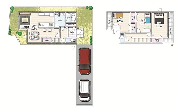【3LDK】【土間収納×2面バルコニー】ベビーカーやアウトドア用品もそのまま収納できる便利な土間収納を採用。2面バルコニーが室内の奥まで光を届け、心地よい風通しを実現します。リビング収納も備え、日用品もすっきり片付きます。