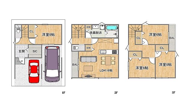 【4LDK】16帖のゆったりとしたリビングは、家族との会話が弾む対面式キッチンを採用♪全居室6帖+収納を備え、住空間をすっきり保てます。2階・3階の2か所にバルコニーがあり、洗濯物を干す際にも便利です!