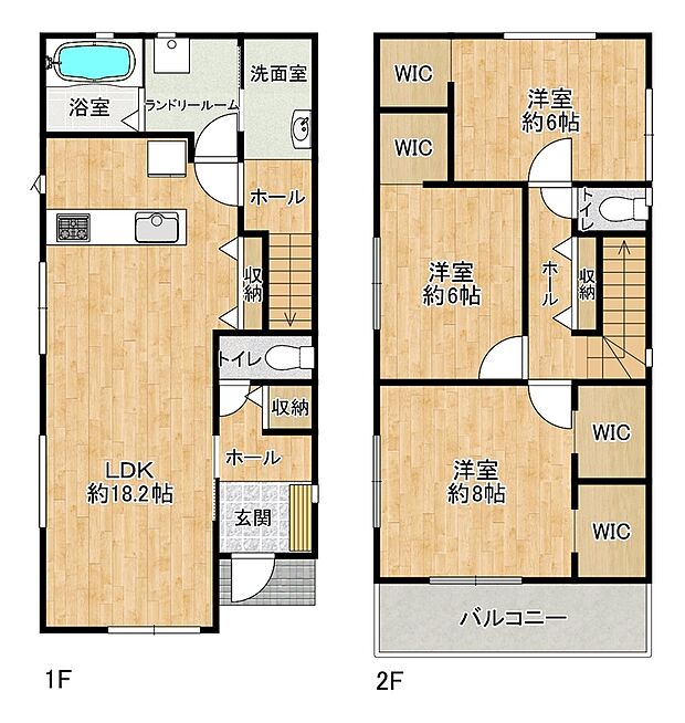 【3LDK】約18.2帖の広々LDKを中心に、全居室6帖以上を確保したゆとりある間取り。さらに全居室にウォークインクローゼットを備え、衣類や季節物もすっきり収納可能です。豊富な収納スペースにより居住空間を広く使え、快適な暮らしをサポートします。
