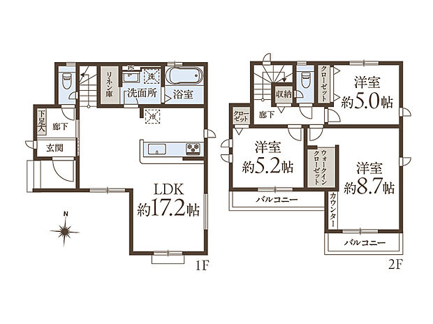 【間取り図】
全居室2面採光＆2つの南向きバルコニー付きで、明るく居心地の良い住まい。水回りが集約され、家事動線に配慮された設計です。ウォークインクローゼットやリネン庫など随所に収納が備わっています。