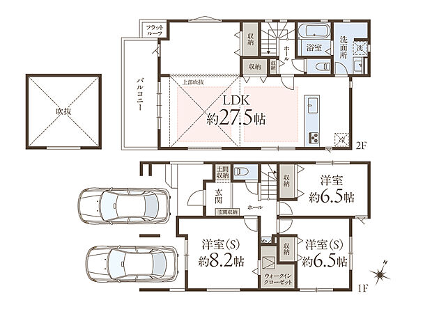 【間取図】
4面採光のLDKは約27.5帖のゆとりある広さ。バルコニーと吹抜けがあり開放感のある空間が広がっています。全居室6.5帖以上&全居室2面採光以上で、どの部屋も明るく居心地の良い住まいです。