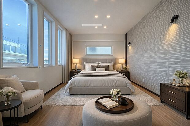 【洋室/約8.01帖】
広さにゆとりがあり、ウォークインクローゼットが設けられているため、主寝室としてもおすすめです。家具の配置がしやすいよう、窓の配置に工夫がされています。※家具はCGです。