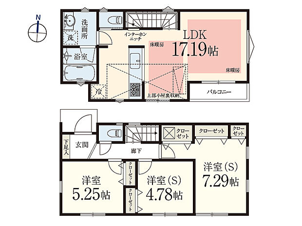 【3LDK】約17.19帖の2階LDKは勾配天井や高窓があり、開放感のある明るい空間です。LDK上部に小屋裏収納を設置。各洋室にクローゼットがあり、住空間を有効活用できる住まいです。