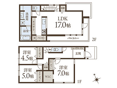 建物プラン例(No.2)3LDK、土地価格1億1460万円、土地面積92.9m2、建物価格2190万円、建物面積93.77m2 
L字型バルコニーが光と風を取り込むプラン。LDKがバルコニーに面し、窓を開ければスムーズに空気が入れ替わります。水廻りが集約配置された、家事動線に配慮ある間取りです。 