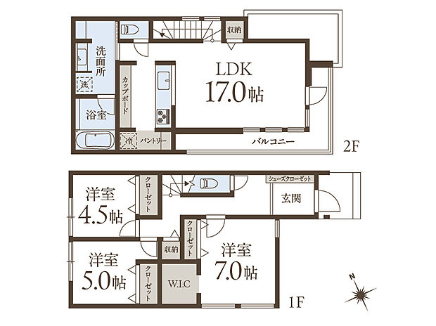建物プラン例(No.2)3LDK、土地価格1億1460万円、土地面積92.9m2、建物価格2190万円、建物面積93.77m2 
L字型バルコニーが光と風を取り込むプラン。LDKがバルコニーに面し、窓を開ければスムーズに空気が入れ替わります。水廻りが集約配置された、家事動線に配慮ある間取りです。