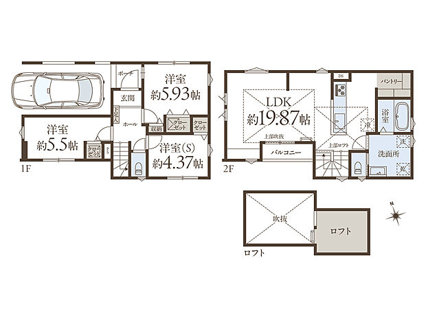 【3LDK】LDKは19帖超の広さ。光と風が舞い込む3面採光のLDは、吹抜け仕様で縦にも広がりのある空間です。パントリー含む全居室収納付きですっきり片付きます。