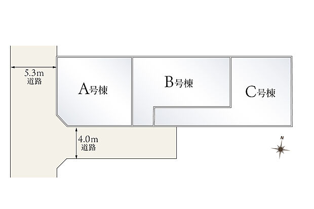 【【全体区画図】】全3棟。幅員約4mの私道に面した日当たりの良い立地。A号棟は西側約5.3mの公道にも面した南西角地です。3棟それぞれ1台分のカースペースがあります(車種による)。