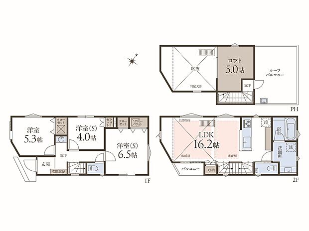 【3LDK】LDKは約16.2帖の広さで、ゆったりとくつろげる2階に配置。水回り設備がワンフロアに集約され、家事・生活動線がスムーズです。あると嬉しいセカンド洗面台やロフト、ルーフバルコニー付きです。