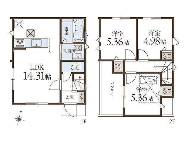 【3LDK】LDKと水回りが隣接し、家事動線に配慮された間取り設計。全居室2面採光で、陽当たり良好◎2階の洋室は振り分けタイプのため、プライバシーを確保しやすいです。