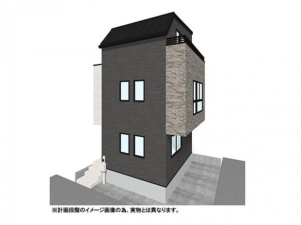 【外観イメージパース】プライバシーと開放感を両立した2階LDKが魅力のコンパクトな新築戸建。小型車1台分の駐車可能。3階洋室は将来2部屋に仕切れる可変設計で、家族の成長に寄り添う機能的な2LDK。