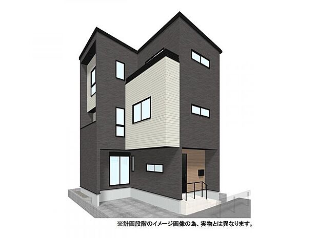 【外観イメージパース】シックなダークトーンと清潔感のあるホワイトのコントラストが美しい、都会的な外観。玄関周りの木目調アクセントが温かみを添える、洗練されたモダンな3階建て新築住宅。