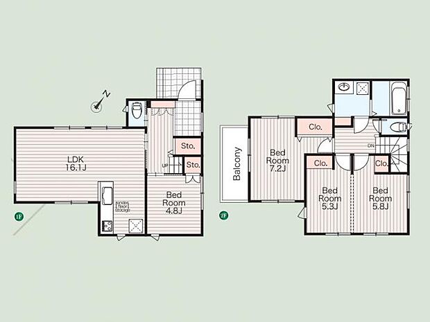【3LDK】16.1帖の広々LDKに加え、1階に独立した洋室を配置。テレワークや客間としても重宝します。全居室収納付きで、家族が増えても安心のフレキシブル設計のプランです。