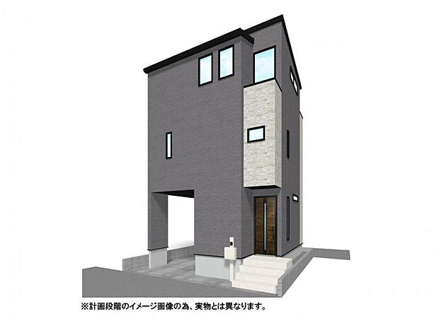【【外観イメージパース】】スタイリッシュな外観デザインが目を引く、ZEH水準の新築3階建て限定1邸！北西×南東の両面道路に面した開放的な立地で、快適さと美しさを兼ね備えた住まいです。