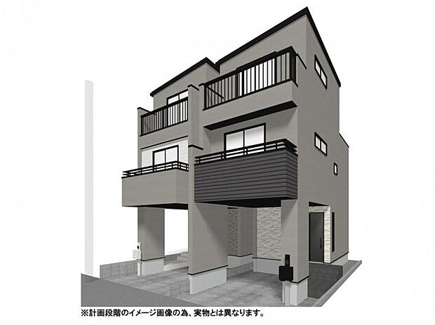 【【外観イメージパース】】グレーとブラック基調のスタイリッシュな3階建て。全居室収納付きでスッキリ暮らせる、機能的な2SLDKプラン。雨の日も安心のビルトイン車庫付です。