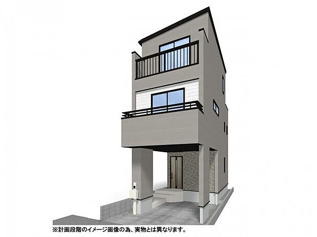 【【外観イメージパース/1号棟】】各棟2階と3階の両フロアにバルコニーを配し、陽光と風が通り抜ける設計。2階リビングに水回り設備を集約することで、ワンフロアで家事が完結する機能的な動線を実現しました。