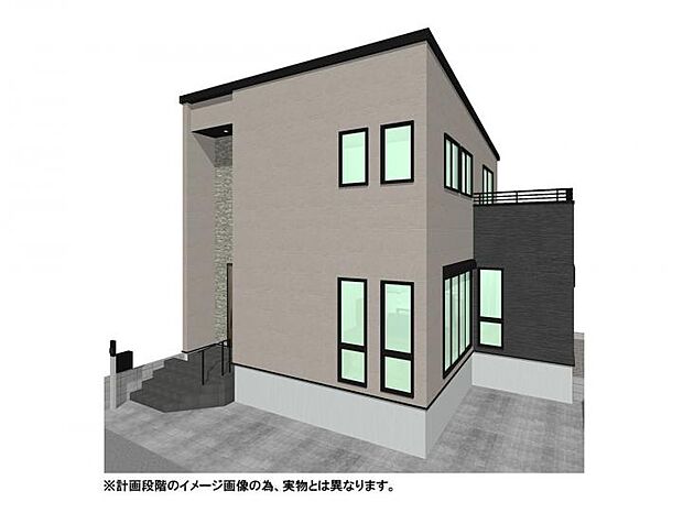 【【外観イメージパース】】グレーの外壁に石目調のアクセントが映える、モダンで洗練された2階建ての新築住宅。快適性と省エネ性を両立したZEH水準の住まいです。