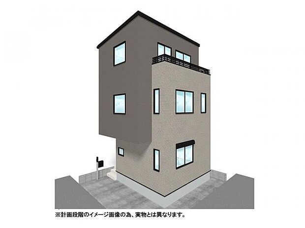 【【外観イメージパース】】シックな色調のツートンカラーがお洒落な外観。角地に映える、洗練された3階建て新築住宅。開放感あふれる角地で、光を心地よく採り入れる豊かな暮らし。