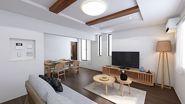 【LDK】完成イメージ画像
木目梁がアクセントのリビング。やさしい光に包まれ家族がくつろぐ空間。