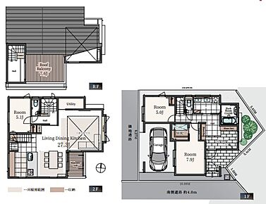  約27.3帖の広々としたLDKを中心に、家族が自然と集まる間取り設計。勾配天井や高窓により、帖数以上の開放感を感じられます。屋上バルコニー付きで、戸建ならではのプライベートな外空間も魅力。 