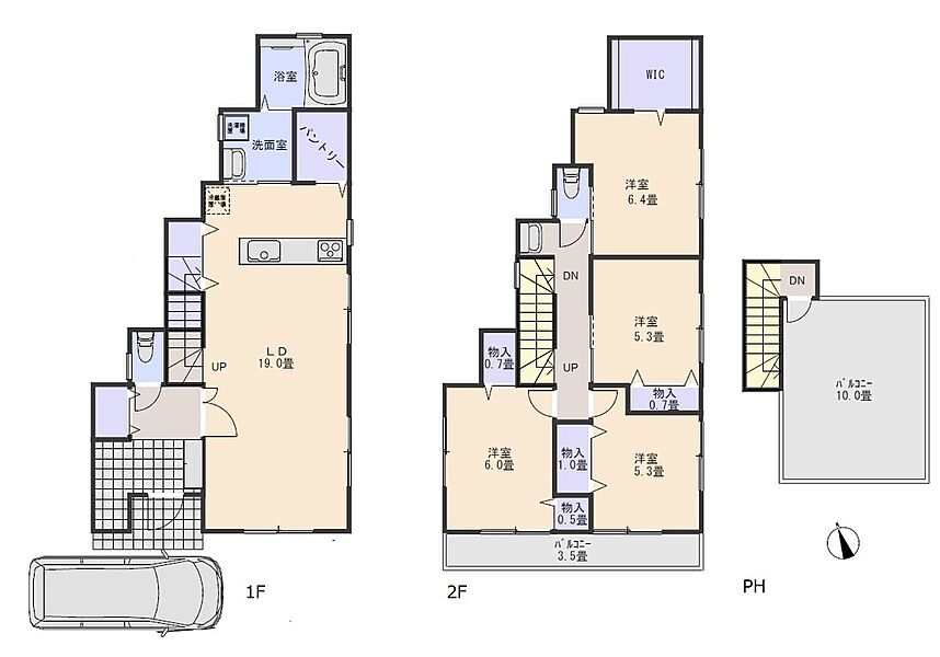 【A号棟】1F：54.65m2・2F：56.51m2・PH：3.72m2　合計：114.88m2
全居室収納付・キッチン広々パントリー仕様。