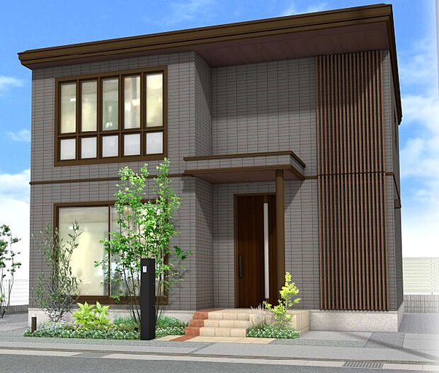 【3-8号地　外観パース1】凹凸をつけることで立体感が生まれ、格子やフォーカルウィンドウでメリハリがある外観。※イメージです。