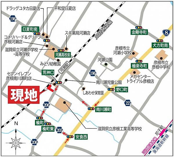 ＜現地案内図＞JR南彦根駅や商業施設へのアクセスに恵まれた「グッドライフタウン南川瀬」。便利な住環境と穏やかな街並みが調和し、子育て世代にも嬉しいロケーション。