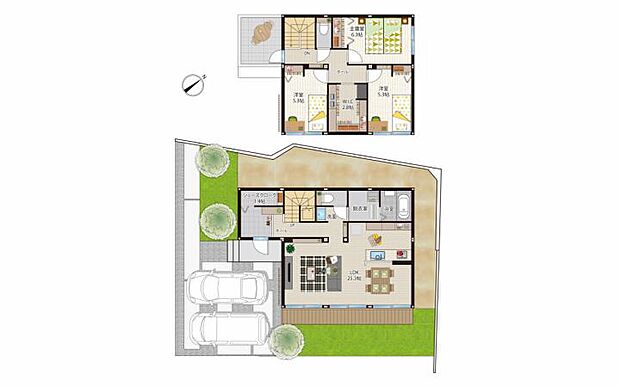 【3LDK】【8-1号地　間取り(3LDK)】約25帖の広々としたLDKに南東方面に約7m程の大開口の窓が特徴です。