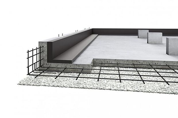 【【強靭なベタ基礎で建物を面で支える】】【強靭なベタ基礎で建物を面で支える】家は、建物だけでなく建物を支える基礎部分によっても強さが変わってきます。セキスイハイムは強度と耐久性を兼ね備えたベタ基礎(強度の高い24N／mm2コンクリート)を標準採用しています。※プランによって仕様が異なる場合がございます。