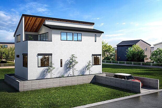 【2号棟外観スタイル】白の塗り壁にレッドシダーの木目アクセントが映える、スタイリッシュな外観デザイン。