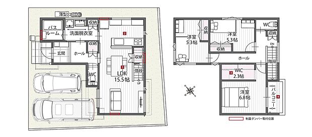 【間取図/E号地モデルハウス】道路と反対側にLDKやバルコニーを配置し、プライベートもゆったり。2階主寝室から南バルコニーへ出入りができ、約2.3帖WIC付き。「見せない収納」でスッキリ片付きます。