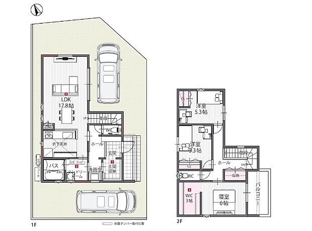 【間取図/A号地モデルハウス】土間収納～洗面室～ランドリーへ通り抜けができ、帰宅動線がスムーズ！キッチンからランドリーへ直接つながり、家事もラクラクです。約3帖WICなど、全居室に収納を備えています。