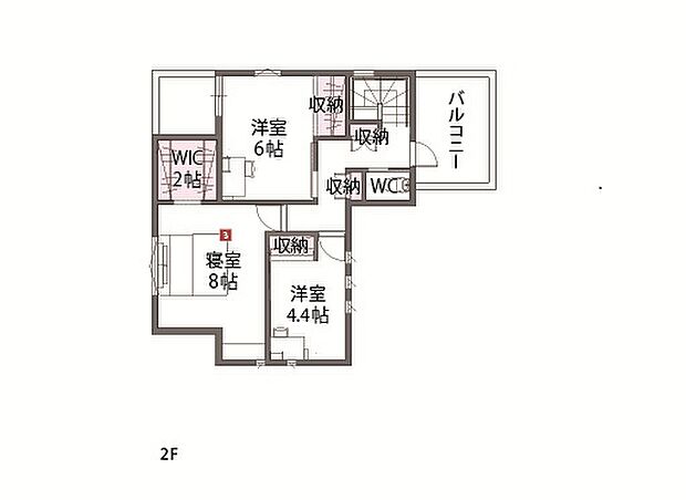 【【2階間取図/B号地モデルハウス】】約2帖WICなど、3洋室やホールに細やかに収納を配置しています。寝室はゆとりある約8帖。一角にカウンターを設け、趣味やリモートワークなどにご活用いただけます。