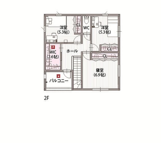 【【2階間取図/A号地モデルハウス】】全居室多面採光で風が通り抜ける住空間。約2.6帖WICは各居室に入らず出し入れができ、バルコニーで乾いた洗濯物を畳まずにまとめて掛けておくことで、家事時短にもつながります。