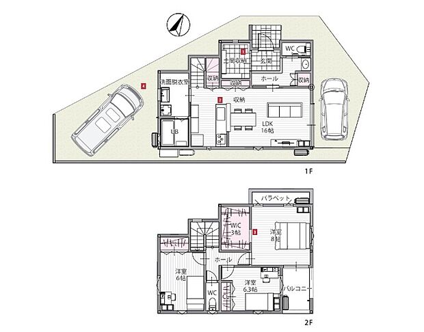 【3LDK + 土間収納/ WIC】●玄関に土間収納付き。靴やアウトドア用品などを邸内に汚れを持ち込まずに保管でき、いつでもスッキリと片付いたエントランスに。
●1階ホールに手洗い洗面器と収納を配置。リビングや2階へ向かう前に手洗いを済ませることができて衛生的。
●1階LDKは対面キッチンから視界が広がるI型。約16帖の広さがあり、収納に掃除道具やご家族共用品などの保管に。
●キッチン背面に水回りを集約。キッチンからリビング階段が近く、調理中でも各フロアを行き来するご家族に声を掛けやすい配置です。
●2階3洋室は6帖以上を確保。