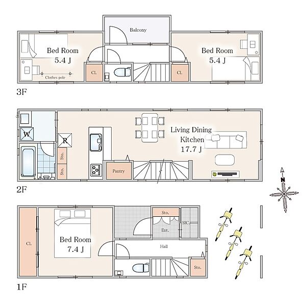 【間取図】LDKはゆとりの17.7帖、主寝室も7.4帖と広々。明るい２階リビングを採用