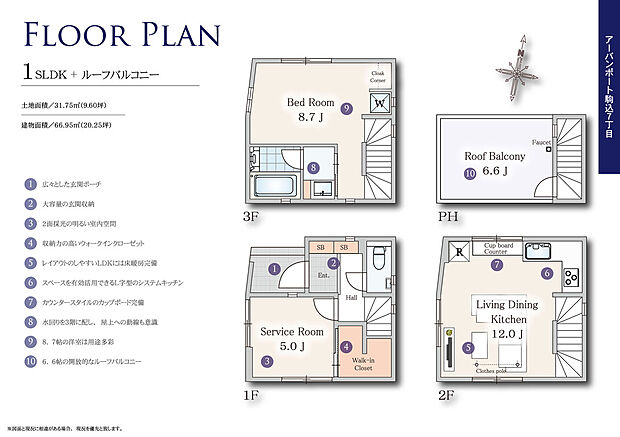 【間取図】２部屋＋ＬＤＫ＋ルーフバルコニー。コンパクトながらウォークインクローゼットも完備、機能性を持たせた設計
