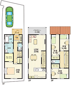1F：36.68m2　2F：36.68m2　3F：36.68m2　合計110.04m2（33.28坪）　　
参考プラン建物価格：2422.9万円 