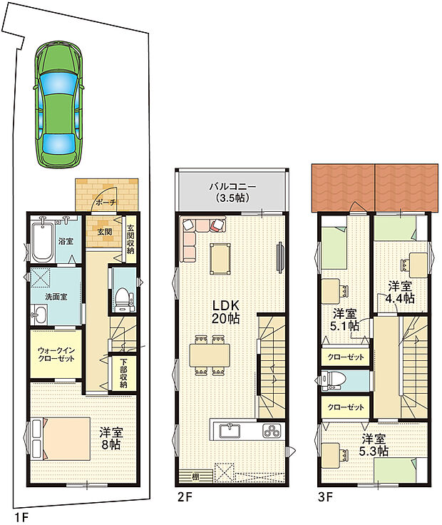 1F：36.68m2　2F：36.68m2　3F：36.68m2　合計110.04m2（33.28坪）　　
参考プラン建物価格：2422.9万円