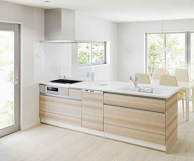【【Takara standard】システムキッチン】家族でのコミュニケーションがとれる対面型オープンキッチンです。横一列にシンクとコンロをまとめたシンプルな形です。動きやすさとスタイリッシュなデザインが魅力。