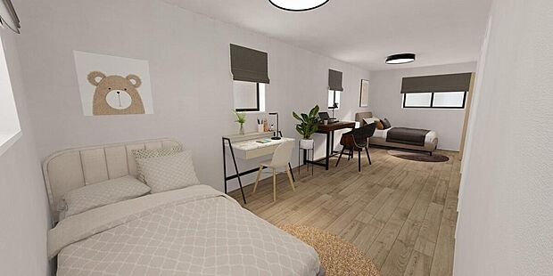 【洋室】完成予想イメージ　2階洋室は用途に合わせて部屋を区切ることができ、多様なライフスタイルに対応可能です。（※追加工事が必要となります。）