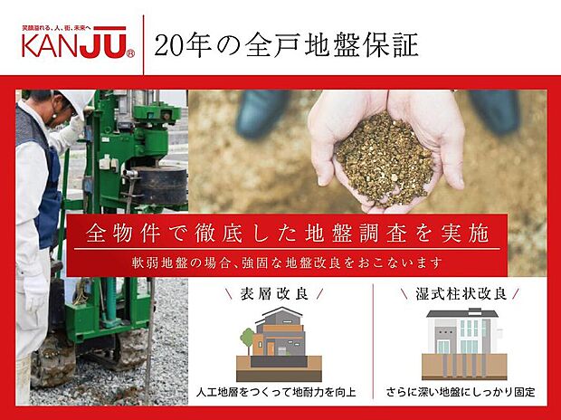 【【徹底した地盤調査】】KANJUでは、全物件で徹底した地盤調査をおこない、軟弱地盤だった場合は、強固な地盤改良をおこないます。調査結果に基づいて適切に工事し、不同沈下などを起こさない地盤の品質をお約束。20年間の地盤保証を全戸で実施しています。
