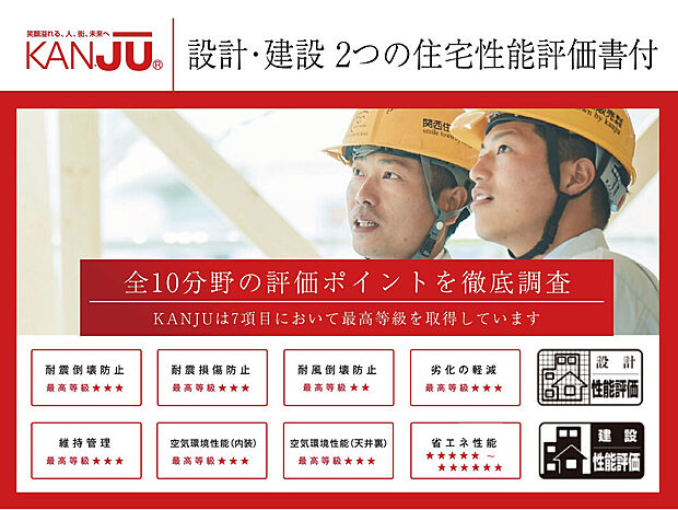 【【設計・建設　2つの住宅性能評価書付】】家の設計と建設、そのどちらにも性能評価書が発行されます。国の認定した第三者機関が全部で10分野ものポイントを徹底検査。KANJUは7項目において最高等級を取得しています。安心して住むことができ、資産価値の維持にも役立ちます。