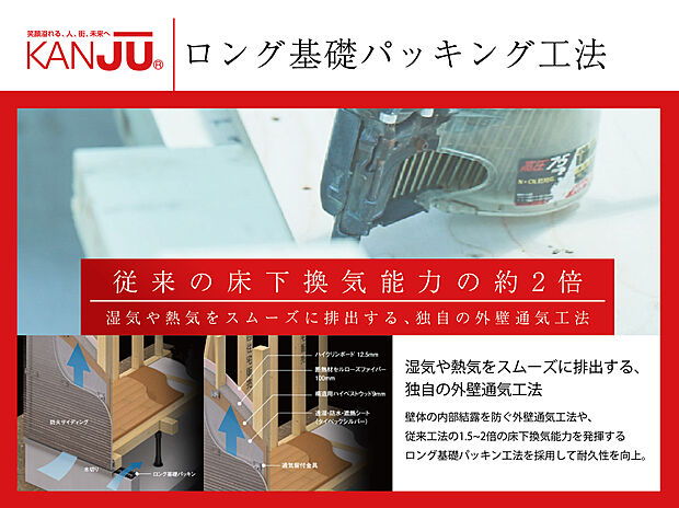 【【ロング基礎パッキン工法】】基礎と土台の間に厚さ2cm程の複合材を挟み込みます。木製土台がコンクリートの水分を吸収しないため腐朽を防止し、基礎コンクリートに床下換気口を開けないため強度も損ないません。