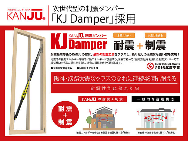 【【次世代型制振ダンパー採用】】KANJUの強い家、耐震性能に優れた家を実現している技術のひとつが次世代型の「制震ダンパー/KJ Damper」です。産学協働の研究成果によって開発されたこの耐震・制震技術は、地震による建物の揺れを大きく低減し、しかも繰り返しの地震でも性能を低下させません。